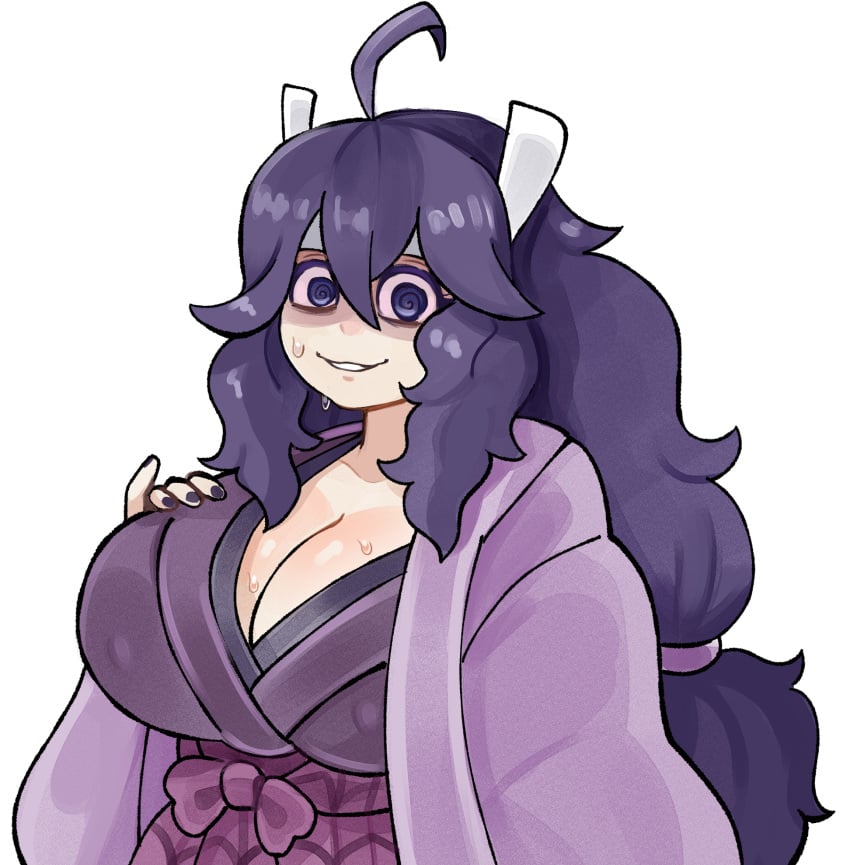 1girl ahoge alternate_breast_size_(larger) bags_under_eyes breasts channeler_(pokemon) channeler_(pokemon)_(cosplay) cleavage cosplay drawfag fingernails hakama hand_on_own_chest hand_up haori headband hex_maniac hex_maniac_(pokemon) hex_maniac_(pokemon_xy) highres huge_breasts japanese_clothes kimono long_hair looking_at_viewer low-tied_long_hair nail_polish nintendo parted_lips pokemon pokemon:_let's_go_pikachu!_and_let's_go_eevee! pokemon_x_and_y purple_eyes purple_hair purple_hakama purple_haori purple_kimono purple_nails shaded_face smile solo sweat upper_body white_headband