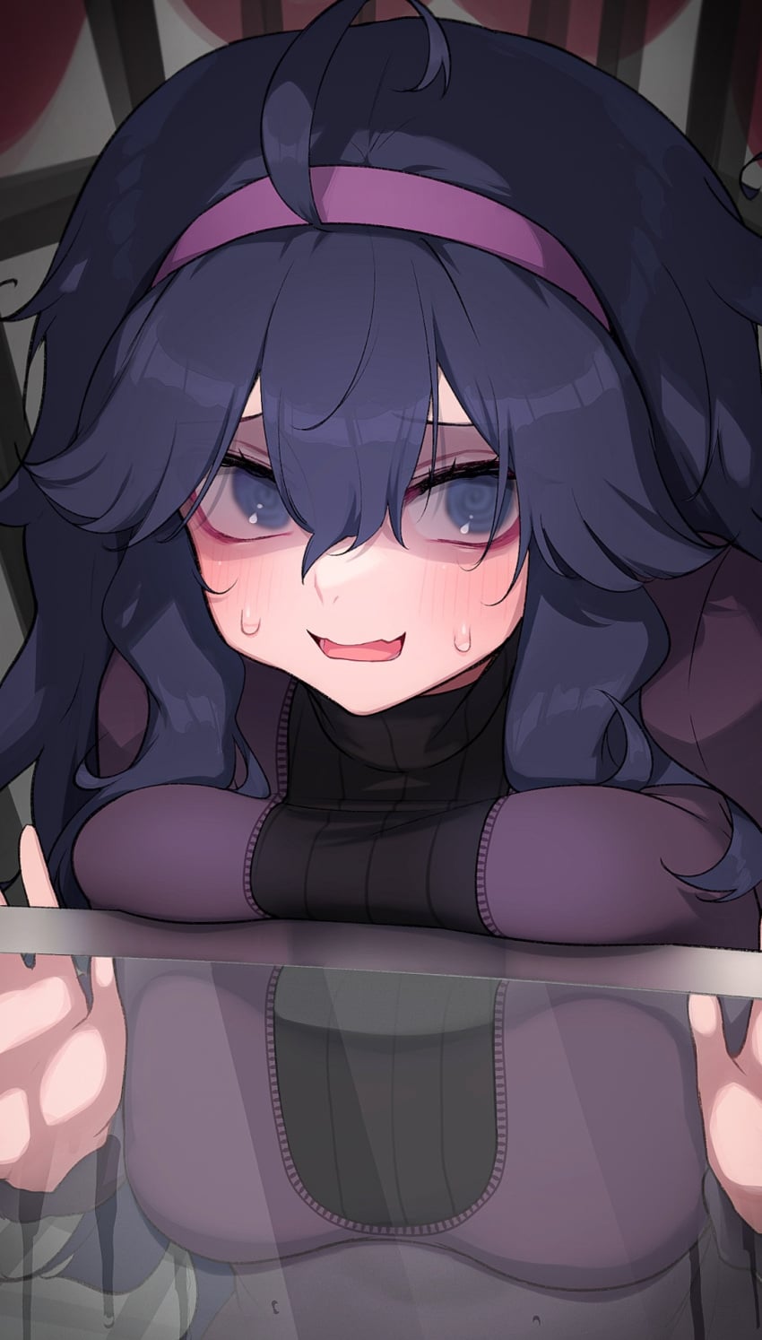 1girl against_glass ahoge black_dress black_hair blush breast_press breasts breasts_on_glass commentary_request dress hairband hex_maniac hex_maniac_(pokemon) hex_maniac_(pokemon_xy) highres hizake_mozu large_breasts long_dress long_hair long_sleeves looking_at_viewer messy_hair nintendo open_mouth pokemon pokemon_x_and_y purple_eyes purple_hairband smile solo
