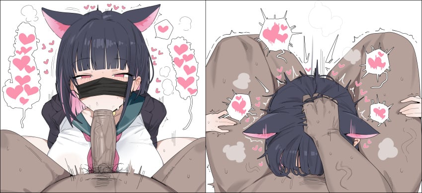 1boy 1girls 2koma absurdres after-school_sweets_club_(blue_archive) animal_ears black_hair blue_archive cat_ears citizen_k citizen_k_(pngj5475) colored_inner_hair commentary dark-skinned_male dark_skin deepthroat erection extra_ears face_buried_in_crotch fat_male fat_man fellatio female grabbing_another's_hair heart highres holding_another's_hair irrumatio kazusa_(blue_archive) leg_lock_fellatio light-skinned_female light_skin looking_at_viewer male_pov mask mask_lift mouth_mask multicolored_hair oral penis pink_hair pov red_eyes shirt short_hair simple_background solo_focus spoken_heart straight surgical_mask trembling trinity_general_school_student ugly_bastard ugly_man uncensored untranslatable_commentary white_background white_shirt