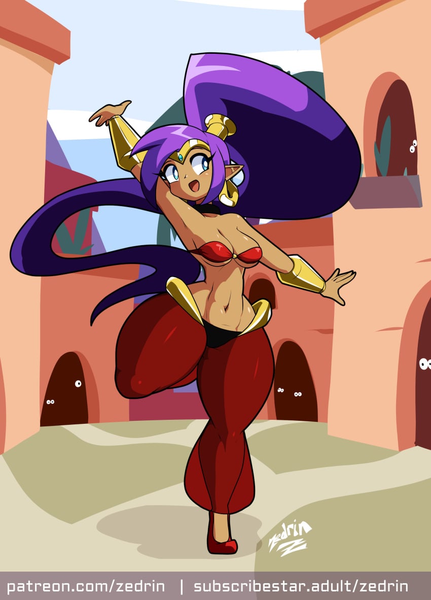 1girls alternate_version_available arm_up armwear artist_name blue_eyes bottomwear breasts cleavage ear_piercing earrings female_focus footwear full_body hair hips hoop_earrings medium_breasts o-ring o-ring_top pants pointy_ears ponytail pose posing purple_hair red_pants sandals shantae shantae_(character) smile solo solo_focus tied_hair topwear wide_hips zedrin