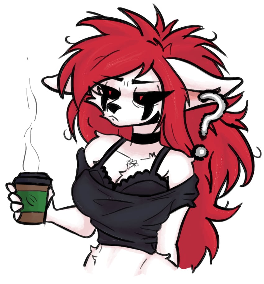 1girls anthro bad_bitch big_breasts big_ears big_eyelashes black_bra black_clothing black_lips black_markings black_sclera black_shirt bra breasts busty busty_female cat_ears cat_girl catgirl chocker cleavage coffee coffee_cup colored cute digital_media_(artwork) earring eepy fanart felid feline felis female female_anthro female_focus female_only fur furry furry_female furry_only goth goth_furry goth_girl heart hips infie infie_(snfw) just_woke_up lips long_hair mammal marking markings markings_on_face mature mature_female necrolourian_(species) no_ai non-human nose oc original original_character question_mark red_eyes red_hair redhead_female redheaded_female sleepy slutty_female smiling snfw snfw_(artist) solo solo_female sticker symbol symbol_on_chest tattoo tattoo_on_chest touching_breast touching_breasts white_fur white_skin xelfaye