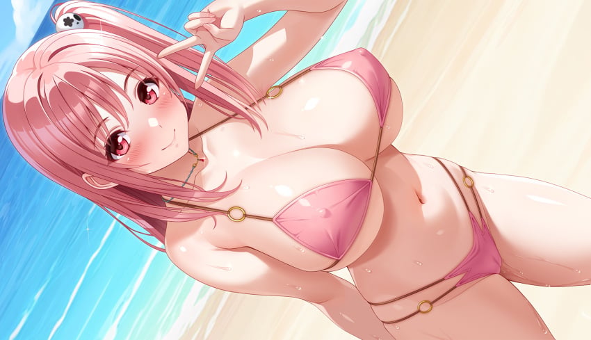 1girl beach big_breasts bikini blush blush_lines blushing breasts cleavage closed_mouth collarbone commentary_request cygnus cygnus_(cygnus7) day dead_or_alive dead_or_alive_5 hair_ornament hair_up highres honoka_(doa) large_breasts looking_at_viewer navel o-ring ocean outdoors pink_bikini side_ponytail skull_hair_ornament skull_ornament smile solo standing stomach swimsuit thighs triangle_bikini_top v water