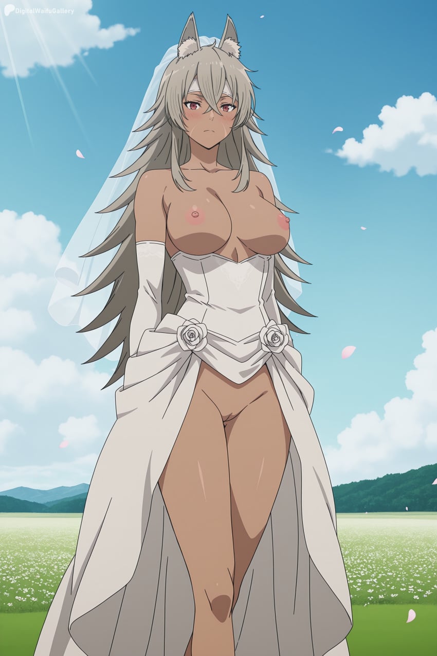1girl ai_generated animal_ear_fluff animal_ears arms_behind_back bare_shoulders blue_sky blush breasts breasts_out bridal_veil cat_ears censored closed_mouth cloud collarbone crossed_bangs dark-skinned_female dark_skin day digitalwaifugallery dress dress_pull elbow_gloves flower ghislaine_dedoldia gloves grey_hair hair_between_eyes hi_res high_quality high_resolution large_breasts long_hair looking_at_viewer mosaic_censoring mushoku_tensei nipples no_panties outdoors patreon petals pussy red_eyes scar scar_on_cheek scar_on_face seductive sexy sky solo standing uncensored veil watermark wedding_dress white_dress white_gloves