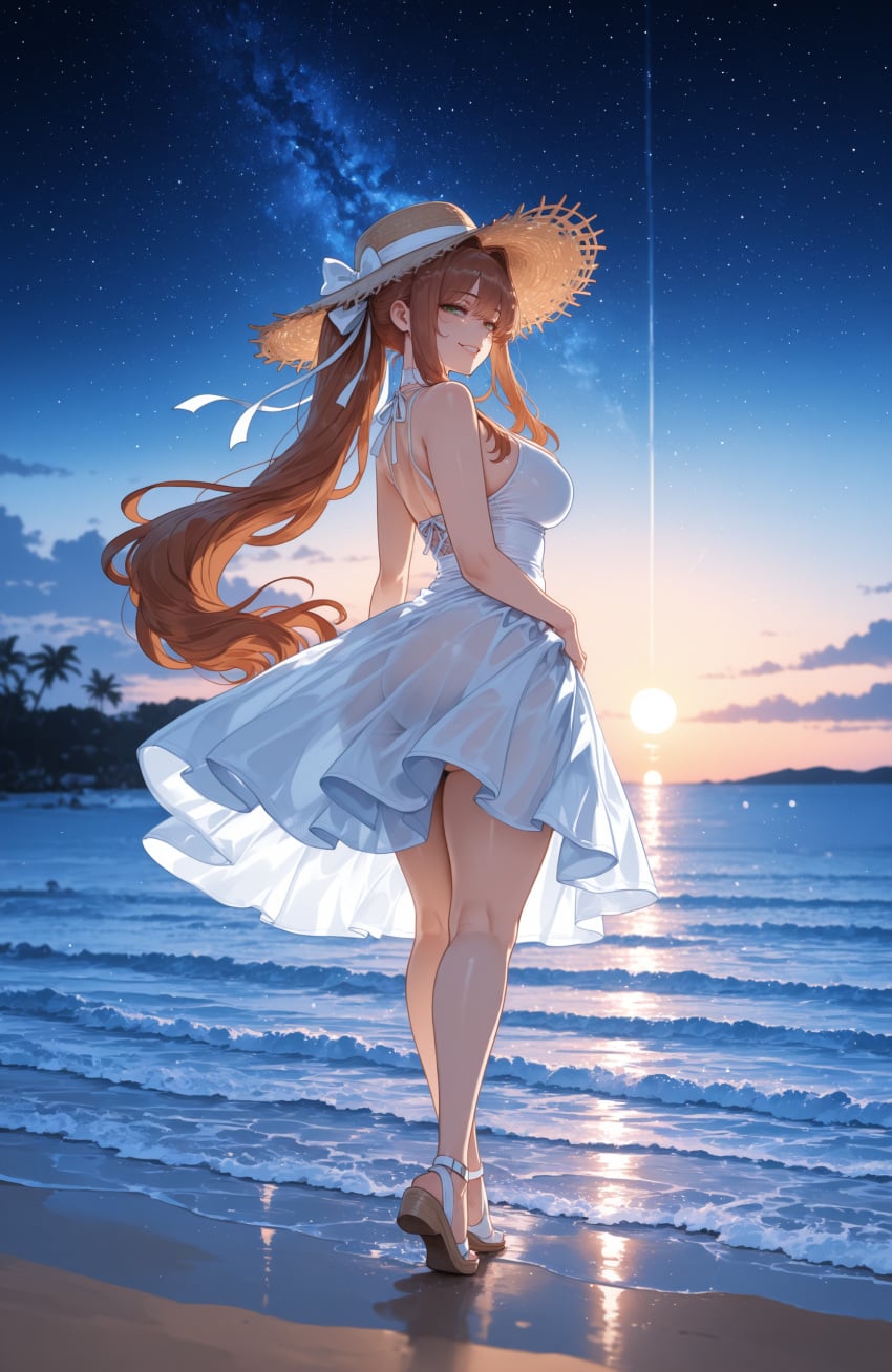 1girl ai_assisted ai_generated ass back bangs bare_shoulders beach bikini blue_sky breasts brown_hair cloud curvaceous curvy curvy_female curvy_figure doki_doki_literature_club dress female from_behind full_body green_eyes hair_ribbon hat high_heels horizon large_breasts long_hair looking_at_viewer looking_back medium_breasts miyuai monika_(doki_doki_literature_club) night night_sky ocean outdoors ponytail ribbon see-through sidelocks sky sleeveless sleeveless_dress smile solo standing star_(sky) starry_sky straw_hat sun_hat sundress sunset swimsuit thick thick_ass thick_butt thick_hips thick_legs thick_thighs voluptuous voluptuous_female water white_dress wide_hips wide_thighs