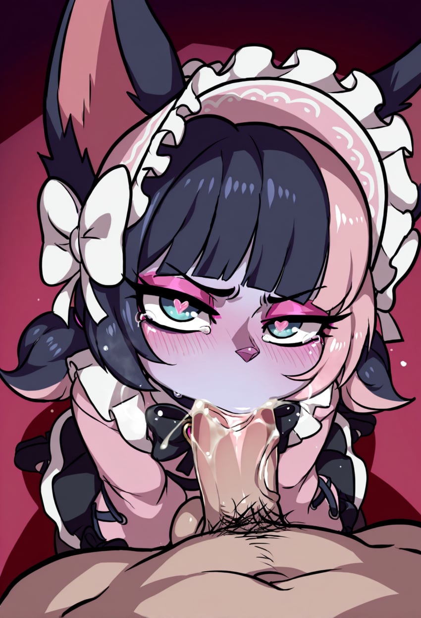 1boy 1girls ai_generated animal_ears animal_nose bangs black_bow black_bowtie black_choker black_dress black_footwear black_hair black_pantyhose black_ribbon black_skirt black_thighhighs blue_eyes blunt_bangs blush bonnet bow bowtie brooch cafe_cuties_series cheek_bulge choker colored_skin dress ears_through_headwear erection eyelashes eyeshadow fellatio female_focus frilled_dress frilled_hairband frilled_headwear frills furry furry_female furry_with_non-furry green_eyes hair_bow heart heart-shaped_pupils heart_brooch hetero highres interspecies jirai_kei joints kneeling layered_skirt league_of_legends lolita_fashion long_sleeves looking_at_viewer low_twintails maid maid_headdress male_pubic_hair medium_hair multicolored_hair oral penis personification pink_bow pink_dress pink_eyeshadow pink_hair pink_skin pleated_skirt pov pubic_hair puffy_sleeves red_brooch ribbon riot_games self_upload short_twintails shortstack skirt sleeves_past_fingers sleeves_past_wrists slit_pupils solo_focus split-color_hair streaked_hair symbol-shaped_pupils teamfight_tactics tearing_up testicles thighhighs twintails two-tone_hair veiny_penis vex_(league_of_legends) white_bow white_ribbon yordle yordle_on_human