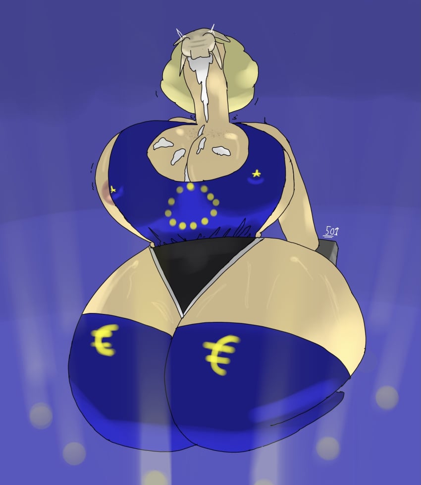 1boy 1girls 2d 2d_(artwork) 50one areola_slip areolae balls big_breasts blonde_female blonde_hair blowjob clenched_balls cum cum_on_breasts deepthroat eu_flag excessive_cum giantess hands_behind_back hollie_all_american kneeling larger_female nipple_bulge nipples nipples_visible_through_clothing on_knees restrained small_dom_big_sub smaller_male thick_thighs thigh_highs voluptuous