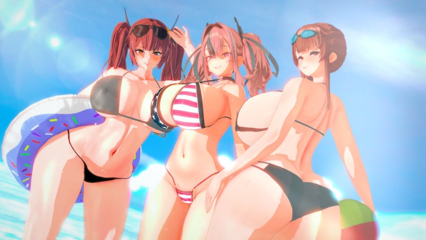 3girls american_flag_bikini azur_lane beach_background beach_ball big_ass big_breasts bikini bremerton_(azur_lane) cleavage floatie honolulu_(azur_lane) nipples_visible_through_clothing paracetamolkoi pink_hair red_hair sunglasses sunglasses_on_head swimming_goggles thick_thighs twintails voluptuous voluptuous_female zara_(azur_lane)