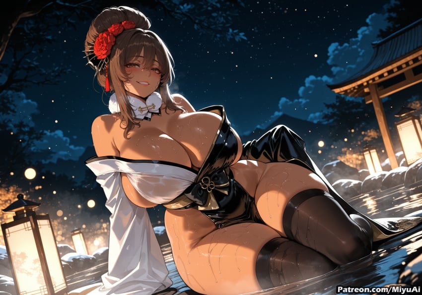 1girl ai_assisted ai_generated architecture arm_support bangs bare_shoulders black_legwear blush breasts brown_eyes brown_hair cleavage curvaceous curvy curvy_female curvy_figure dark-skinned_female detached_sleeves female flower goddess_of_victory:_nikke hair_between_eyes hair_flower hair_ornament highleg huge_breasts japanese_clothes lantern leotard lips long_hair looking_at_viewer miyuai night night_sky noir_(nikke) off_shoulder onsen outdoors parted_lips plump shiny shiny_skin sidelocks sitting skindentation sky smile soaking_feet solo star_(sky) starry_sky thick thick_ass thick_butt thick_hips thick_legs thick_thighs thighhighs thighs voluptuous voluptuous_female water wet wide_hips wide_thighs