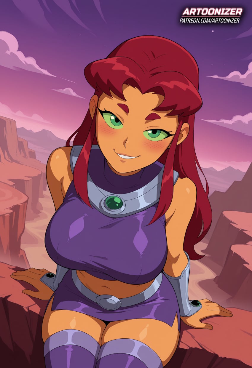 1girls ai_generated armwear artoonizer ass belt big_ass big_breasts blush breasts cartoon_network dc dc_comics female female_only green_eyes high_heel_boots koriand'r large_breasts latex_thighhighs legs_together light-skinned_female light_skin long_hair looking_at_viewer miniskirt narrow_waist navel orange_skin outdoors patreon patreon_username posing red_hair shiny_skin sitting skirt smile solo solo_female solo_focus starfire starfire_(teen_titans) stomach teen_titans thick_thighs thigh_highs thighhighs topwear viewed_from_above wide_hips