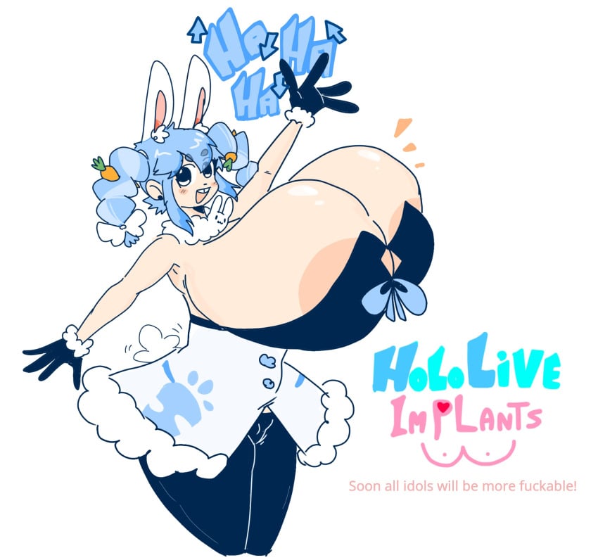 alternate_breast_size areolae big_breasts blue_hair breasts errorplush female female_focus female_only gloves hololive huge_breasts hyper hyper_breasts laugh neckwear pale-skinned_female pale_skin rabbit_ears rabbit_girl rabbit_tail smile text twin_braids usada_pekora virtual_youtuber