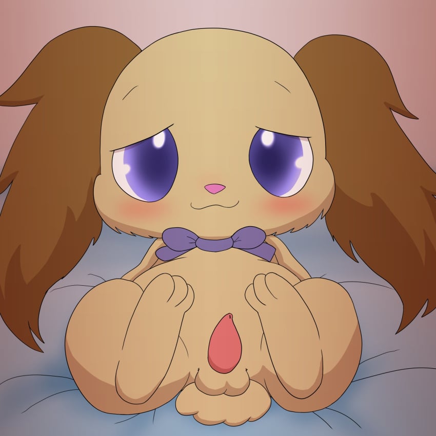 1:1 animal_genitalia anthro balls bed blush bow_tie brown_body brown_fur chibi cotton_tail domestic_rabbit erection floppy_ears fur furniture genitals gradient_eyes hi_res improbable_(artist) io_(jewelpet) jewelpet lagomorph leporid long_ears looking_at_viewer lop_ears lop_rabbit male mammal oryctolagus penis presenting presenting_balls presenting_penis purple_eyes rabbit sanrio semi-anthro simple_background smile solo spread_legs spreading