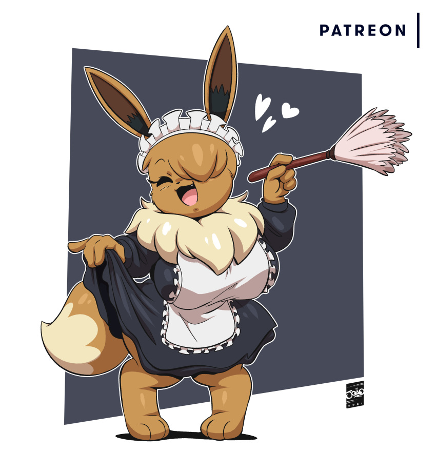 anthro big_breasts duster eevee eve_(joaoppereiraus) furry heart joaoppereiraus maid maid_uniform pokémon_(species) pokemon pokemon_(species) smiling