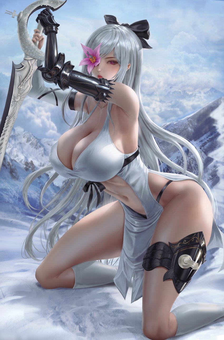 absurd_res big_breasts cleavage curvy drag-on_dragoon drag-on_dragoon_3 drakengard flower_in_eye gauntlet kneehighs kneeling lexaiduer red_eyes ribbon snow sword thick_thighs toned white_dress white_hair zero_(drag-on_dragoon)
drakengard_3 zero_(drakengard)