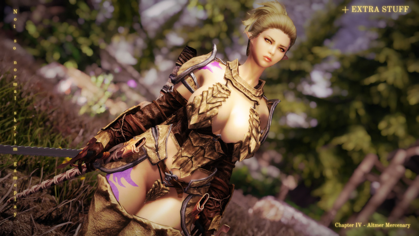 altmer armor armored_female big_ass big_breasts bikini_armor blurry_background confident curvy elf elf_ears elf_female gloves high_elf imminent_death pointy_ears ponytail purple_tattoo shoulder_pads skimpy_armor skyrim sword tattoo text the_elder_scrolls thighhighs unconvincing_armor video_games