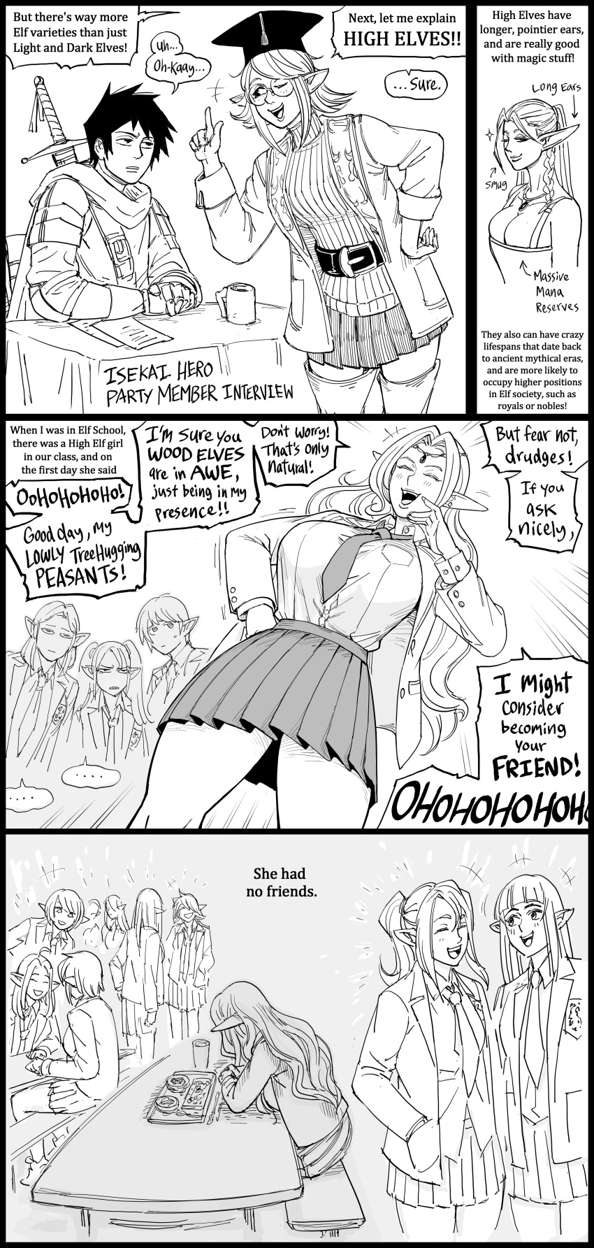 1boy 6+girls absurd_res bb_(baalbuddy) black_and_white dialogue elf elf_ears elf_female english_text funny school_uniform speech_bubble tagme three_panels white_background