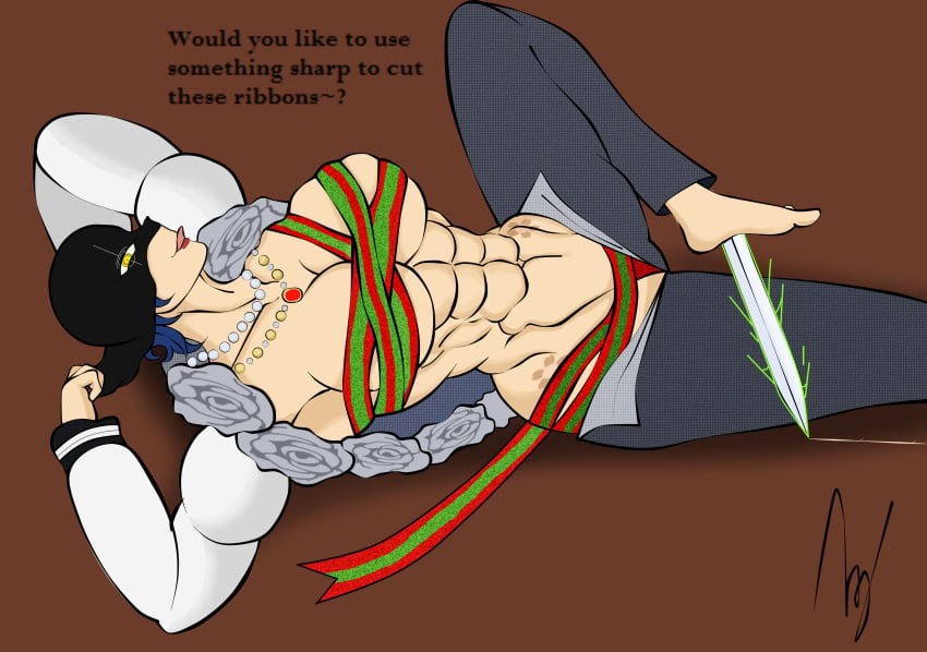 1girls abs ap0liac blue_hair christmas dialogue female female_only gift human laying_down laying_on_ground looking_at_viewer muscular_female open_clothes open_shirt pearl_necklace solo tongue tongue_out unzipped_pants watermark wraps