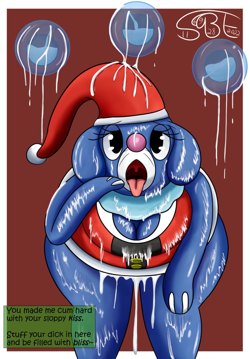 anthro blue_body bodily_fluids bubble christmas christmas_clothing christmas_headwear clothing cum cum_drip cum_on_body cum_on_clothing cum_on_face dripping excessive_cum excessive_genital_fluids female fizzy_pop_the_popplio floppy_ears generation_7_pokemon genital_fluids hat headgear headwear hi_res holidays looking_at_viewer looking_back nintendo open_mouth oral_invitation pokémon_(species) pokemon pokemon_(species) pokemorph popplio santa_hat sexybigears69 solo text thick_thighs