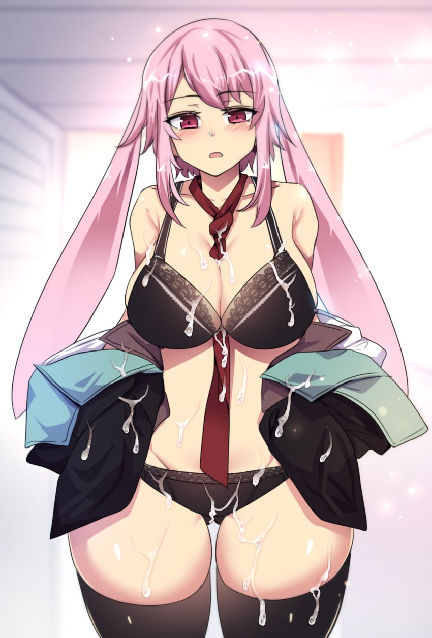 1girls ansel_(arknights) arknights big_breasts black_legwear black_lingerie black_stockings black_underwear blush breasts bunny_ears bunny_girl cleavage cum cum_all_over cum_on_belly cum_on_bra cum_on_breasts cum_on_clothes cum_on_lingerie cum_on_thighs cum_on_underwear female female_only genderbend genderswap genderswap_(mtf) hinghoi legwear lingerie long_ears rule_63 solo solo_female stockings thick_thighs thighs underwear voluptuous