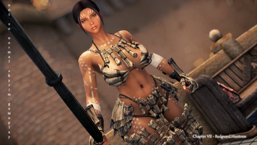 1girls armor armored_gloves bench big_ass big_breasts bikini_armor blurry_background bone bone_armor bone_necklace confident curvy face_tattoo female gloves imminent_death necklace redguard side_hair skimpy_armor skyrim sword tan_body tanned tattoo tattoos the_elder_scrolls thighhighs unconvincing_armor video_games white_paint yellow_eyes