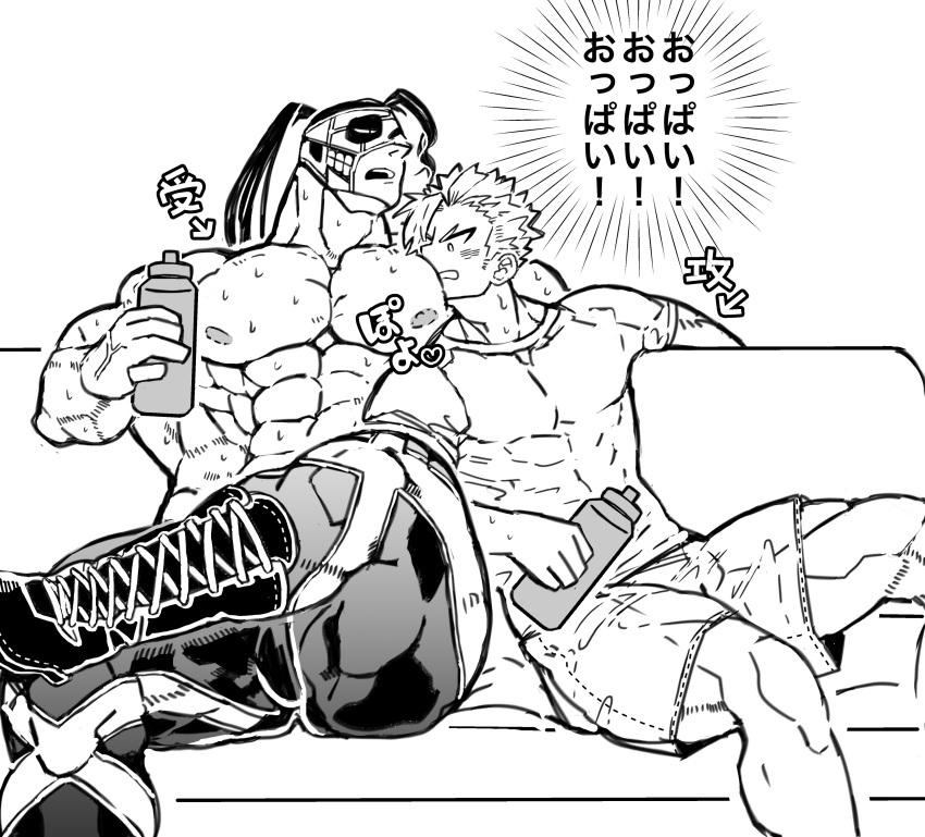 2boys abs big_pecs fighter japanese_text jose_kanzaki kengan_(series) kengan_omega luchador luchador_mask male male_only mask masked masked_male monochrome muscular muscular_male narushima_koga pecs ponytail sitting sweat topless topless_male wrestler wrestling_outfit yaoi