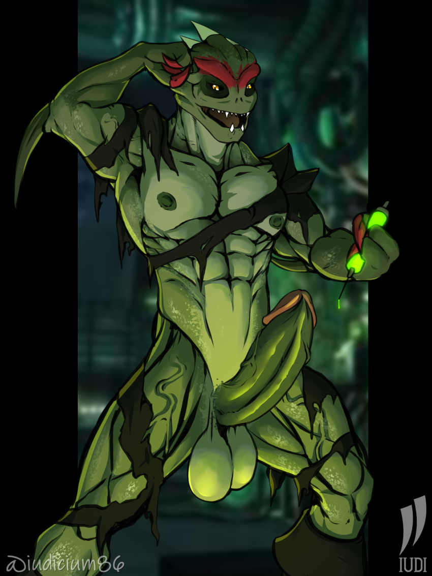 abs animal_humanoid anthro anthro_only balls clothing dinosaur dinosaur_humanoid flexing_bicep genitals growth_serum hi_res humanoid hybrid iudicium86 male mesogog muscular nipples pecs penis power_rangers reptile reptile_humanoid scalie scalie_humanoid solo torn_clothing