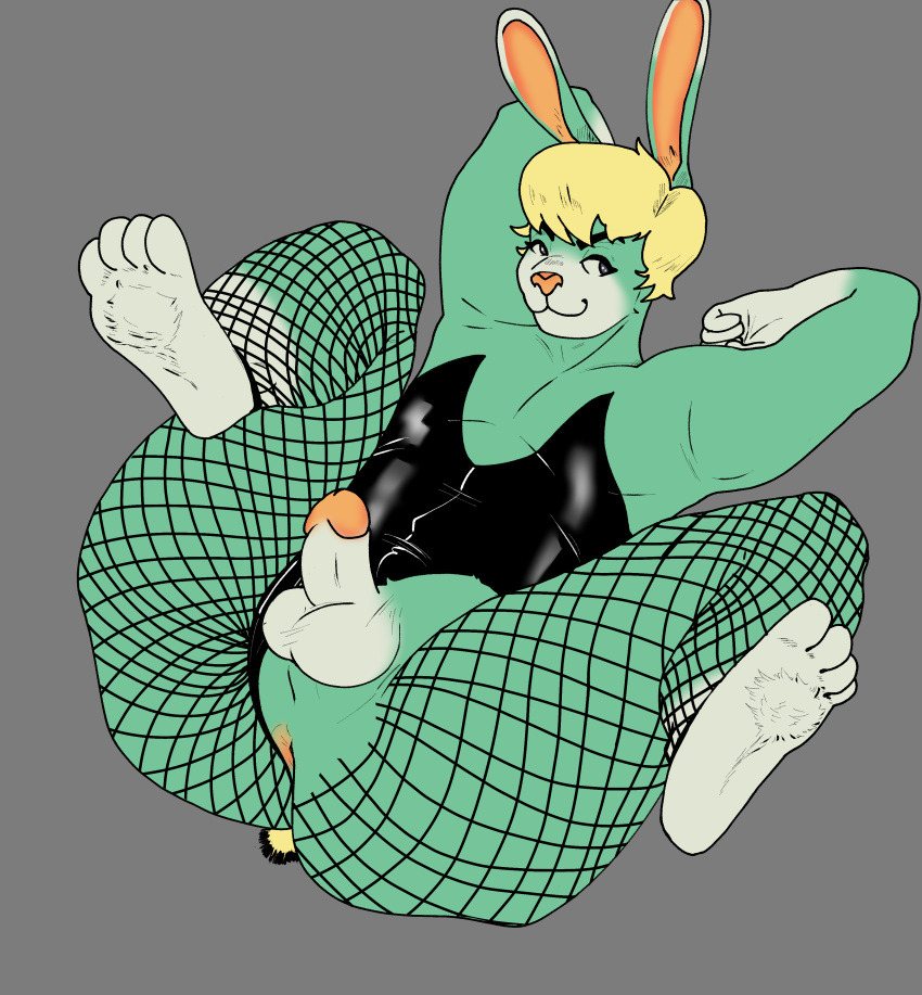 absurd_res animal_crossing anthro anus ass balls biggslorp blonde_hair bunny_costume clothed clothing costume digital_media_(artwork) erection fur furry furry_only genitals girly green_body hair hi_res humanoid_genitalia humanoid_penis lagomorph leporid looking_at_viewer male male_only mammal nintendo penis presenting rabbit sasha_(animal_crossing) simple_background smile solo video_games