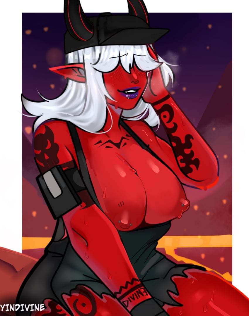 breasts breasts_out demon desdemona_(fortnite) female female_only fortnite horn horns purple_lipstick red_skin sweat tagme tattoo tattooed_arm tattoos white_hair yindivine