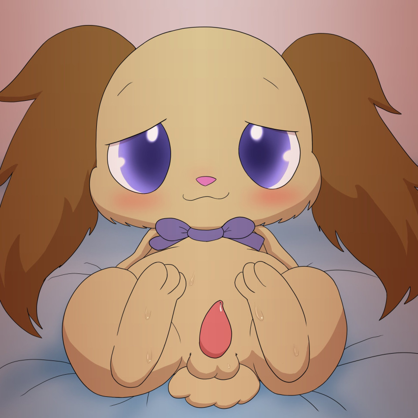 1:1 animal_genitalia anthro balls bed blush bodily_fluids bow_tie brown_body brown_fur chibi cotton_tail domestic_rabbit erection feet floppy_ears fur furniture genitals gradient_eyes hi_res improbable_(artist) io_(jewelpet) jewelpet lagomorph leporid long_ears looking_at_viewer lop_ears lop_rabbit male mammal oryctolagus penis presenting presenting_balls presenting_penis purple_eyes rabbit sanrio semi-anthro simple_background smile solo spread_legs spreading sweat sweaty_feet