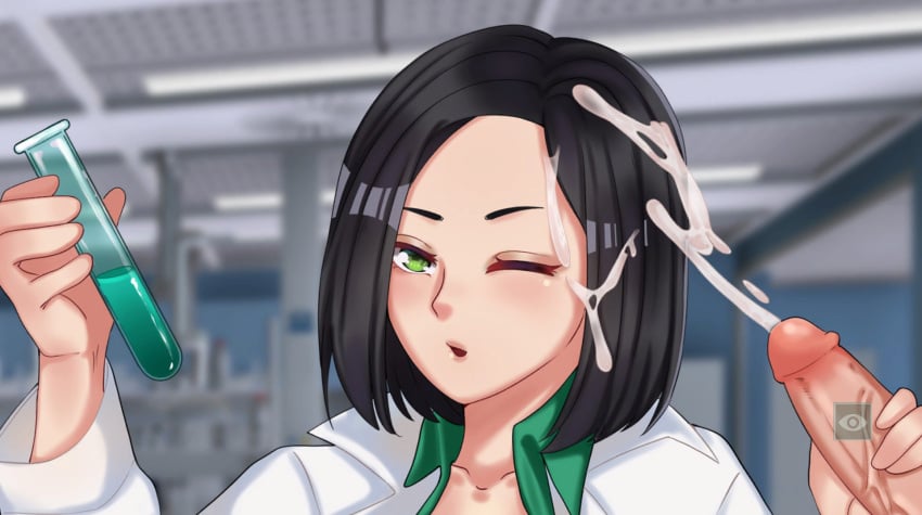 black_hair cum cumshot female green_eyes labcoat labratory light_skin looking_away male male/female mouth_open one_eye_closed short_hair valorant viper_(valorant)