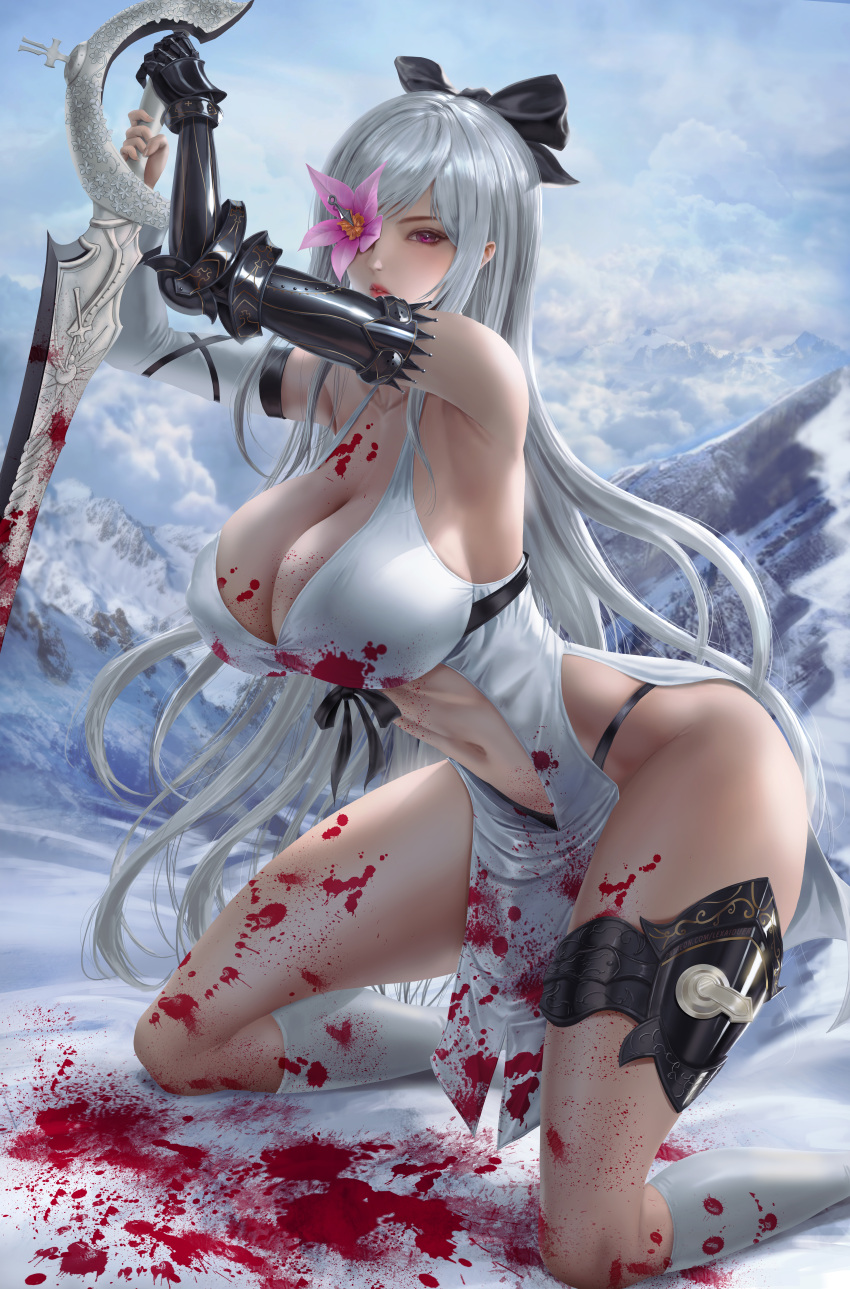 absurd_res big_breasts blood blood_on_breasts blood_on_clothing blood_on_leg bloodstain cleavage curvy drag-on_dragoon drag-on_dragoon_3 drakengard drakengard_3 flower_in_eye gauntlet kneehighs kneeling lexaiduer red_eyes ribbon snow sword thick_thighs toned white_dress white_hair zero_(drag-on_dragoon) zero_(drakengard)