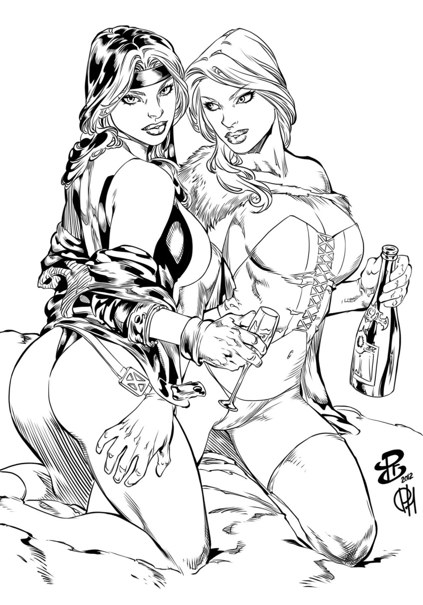 2girls anna_marie black_and_white corset dat_ass emma_frost female marvel marvel_comics panties pencil_(artwork) psychedelicheroin renato_camilo rogue_(x-men) thong thong_panties white_queen wine_glass x-men