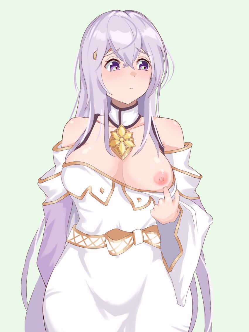 1girls breasts breasts_out chopin_oekaki circlet dress embarrassed female female_only fire_emblem fire_emblem:_genealogy_of_the_holy_war flashing highres julia_(fire_emblem) large_breasts long_hair looking_away looking_to_the_side medium_breasts nintendo nipples one_breast_out purple_eyes purple_hair simple_background solo very_long_hair