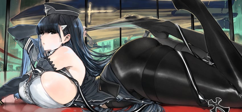 1girls 2022 2d 2d_(artwork) :o ash_arms ass bangs big_ass big_breasts big_butt black_clothing black_eyes black_hair black_leggings black_legwear blimp blue_hair breasts busty curvaceous curvy curvy_body curvy_female curvy_figure ear elbow_gloves elbow_tufts female female_focus female_only fit giant_breasts hair_ornament hat hi_res highres houden_eizou hourglass_figure huge_ass huge_breasts huge_butt iron_cross large_ass large_breasts large_butt leggings legs_over_head legwear light-skinned_female light_skin long_hair looking_at_viewer loose_clothes massive_breasts me262c_(ash_arms) military military_hat nevion on_stomach pantyhose removing_clothing round_ass side_boob slim slim_waist straight_hair thigh_strap voluptuous white_clothing window