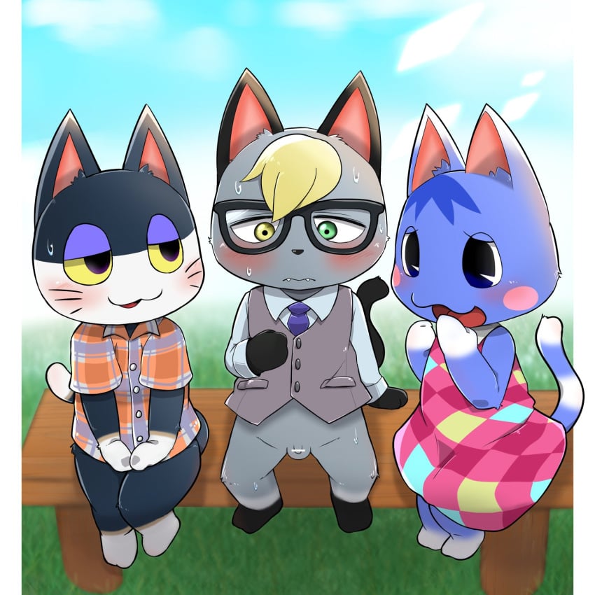 1girls 2boys :3 animal_crossing anthro balls blush bottomless cat censored clothed clothing domestic_cat eyewear felid feline felis female flaccid fur furry furry_only genitals glasses heterochromia hi_res kemoizumi lazy_villager male mammal micropenis nintendo penis peppy_villager punchy_(animal_crossing) raymond_(animal_crossing) rosie_(animal_crossing) sitting small_penis smug_villager tail trio