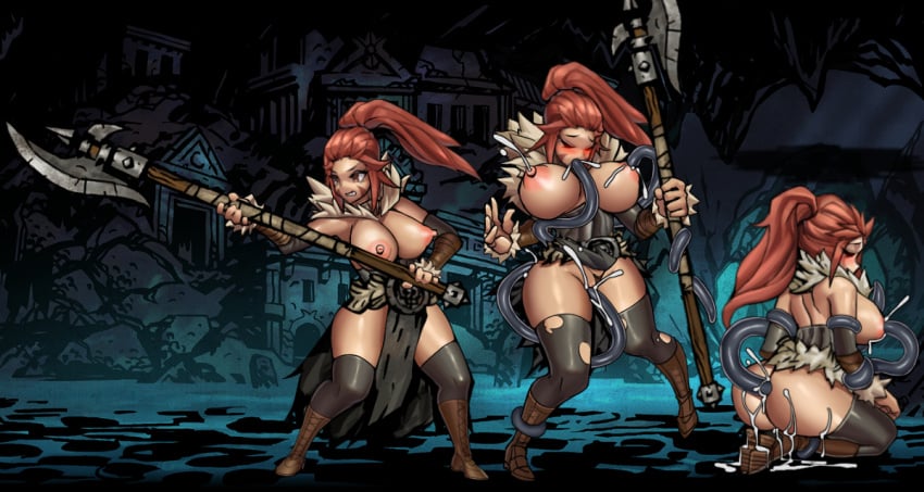 big_breasts clenched_teeth cum_inside darkest_dungeon facial_markings hellion_(darkest_dungeon) lactation niur ponytail red_hair tentacle tentacle_sex weapon