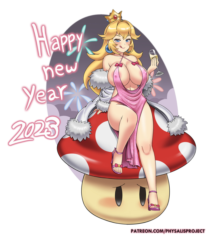 1girls 2023 alcohol areola_slip areolae big_breasts blonde_hair blue_eyes blush busty cleavage crossed_legs dress feet glass large_breasts legs long_hair looking_at_viewer mario_(series) mushroom naughty_face new_year nintendo physalis_project princess princess_peach seductive seductive_smile sitting smile solo super_mario_bros. thick_thighs thighs tongue tongue_out voluptuous