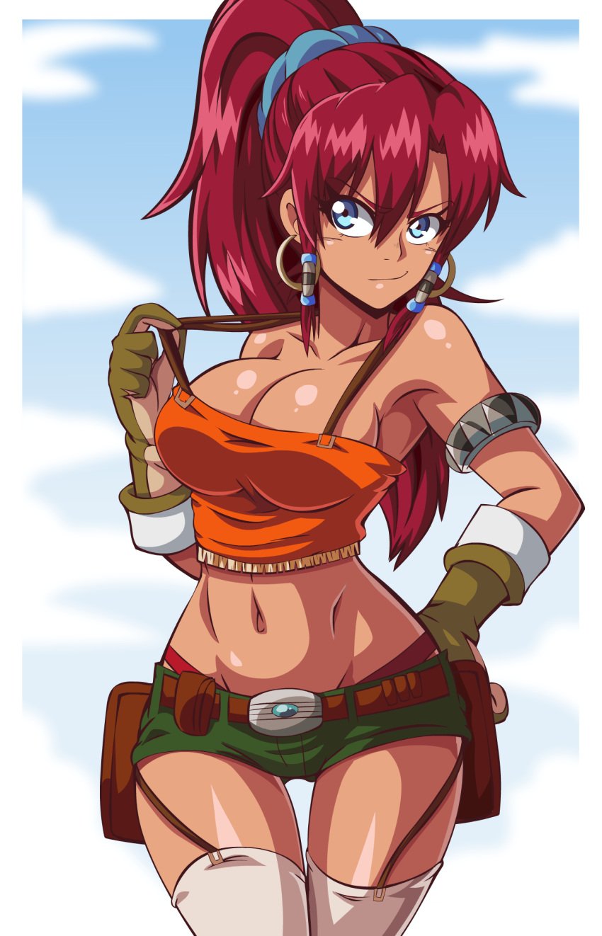 1girls armpit_peek bellows_(suisei_no_gargantia) big_breasts blue_eyes breasts busty cleavage clothes_pull female female_only hand_on_hip hartman_hips highres large_breasts legs long_hair midriff navel ponytail red_hair sensual shirt shorts sleeveless sleeveless_shirt smile solo suisei_no_gargantia teasing thighs thong voluptuous