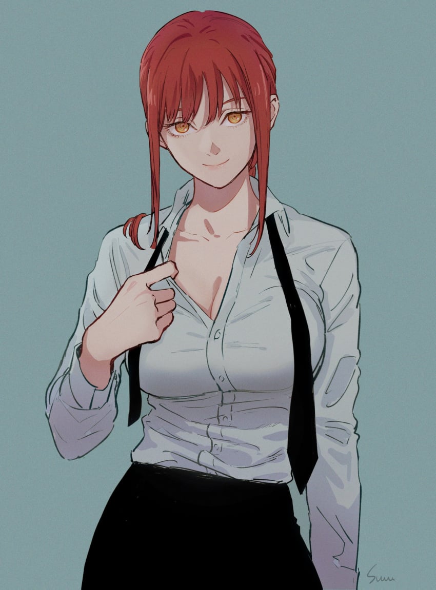 1girls 2d braided_ponytail breasts chainsaw_man cleavage collarbone dress_shirt female formal large_breasts light-skinned_female light_skin looking_at_viewer loose_necktie makima_(chainsaw_man) necktie office_lady ponytail red_eyes red_hair smile solo sumustard yellow_eyes