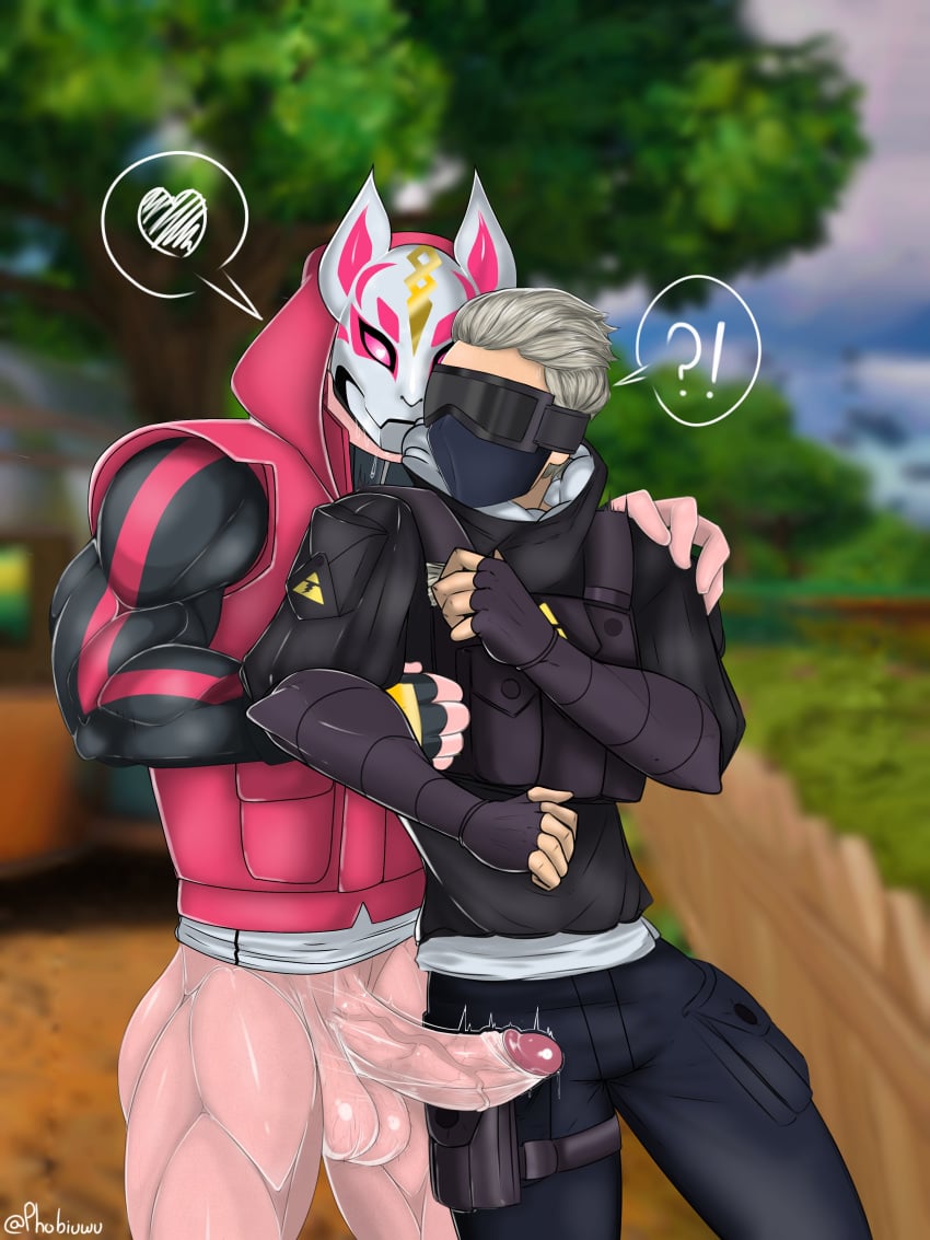 2boys balls bara big_balls big_body big_dick big_muscles big_penis bodily_fluids clothed_sex clothing dick drift_(fortnite) duo excited fortnite fortnite:_battle_royale fox_mask gay gay_domination genital_fluids genitals hair_balls hugging_from_behind human kitsune light-skinned_male looking_back male male/male male_focus mask mask_of mask_on_head masked_male muscles muscular_male only_male phobiuwu pubic_hair saliva side_view surprised surprised_look sweat vein veiny_penis verge_(fortnite) white_body white_penis yaoi