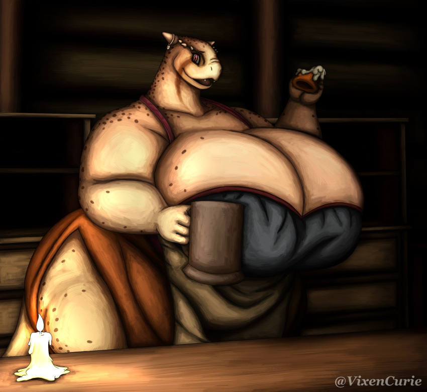 2023 anthro argonian bethesda_softworks big_breasts biped brown_body candle candlelight cleavage clothed clothing countertop digital_media_(artwork) fangs fat_arms fat_ass female female_only fully_clothed hi_res holding_object horns huge_ass huge_breasts hyper hyper_thighs inside keerava markings non-mammal_breasts open_mouth orange_eyes overweight overweight_female pupils scales scalie shaded skyrim slit_dress slit_pupils solo solo_female standing sweetroll tail tankard tavern teeth the_elder_scrolls vixencurie