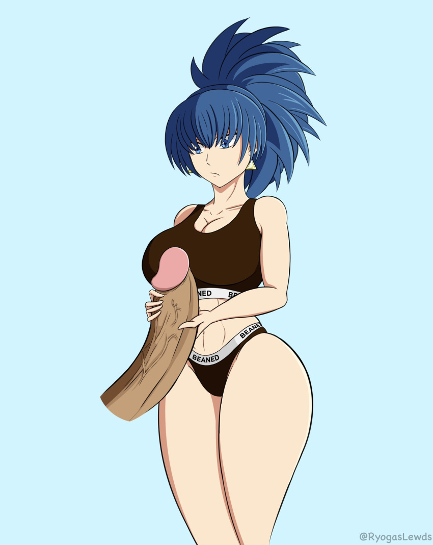 beaned_clothing before_sex big_breasts big_tits blue_eyes blue_hair dark-skinned_male handjob holding_penis ikari_warriors imminent_sex king_of_fighters leona_heidern light-skinned_female monster_cock raceplay ryogaslewds snk straight two-handed_handjob