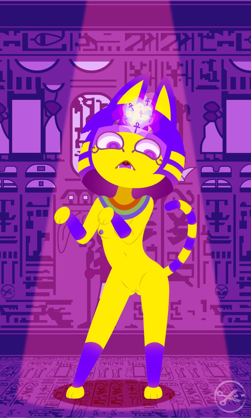 absurd_res animal_crossing ankh ankha ankha_(animal_crossing) ankha_ride_(minus8) anthro blue_hair blue_nipples blue_tongue breasts c.dash37 dancing domestic_cat fangs felid feline felis female fur genitals hair hi_res hieroglyphics hypnotic hypnotizing_viewer mammal meme nintendo nipples no_outlines nude pussy teeth tongue yellow_body yellow_fur