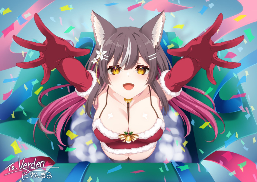 1girls animal_ears chisaka_airi christmas cleavage ememing female female_only flowers_in_hair gift_box gloves hairclips light-skinned_female light_skin open_mouth phase_alias phase_connect red_gloves solo virtual_youtuber wolf_ears wolf_girl yellow_eyes