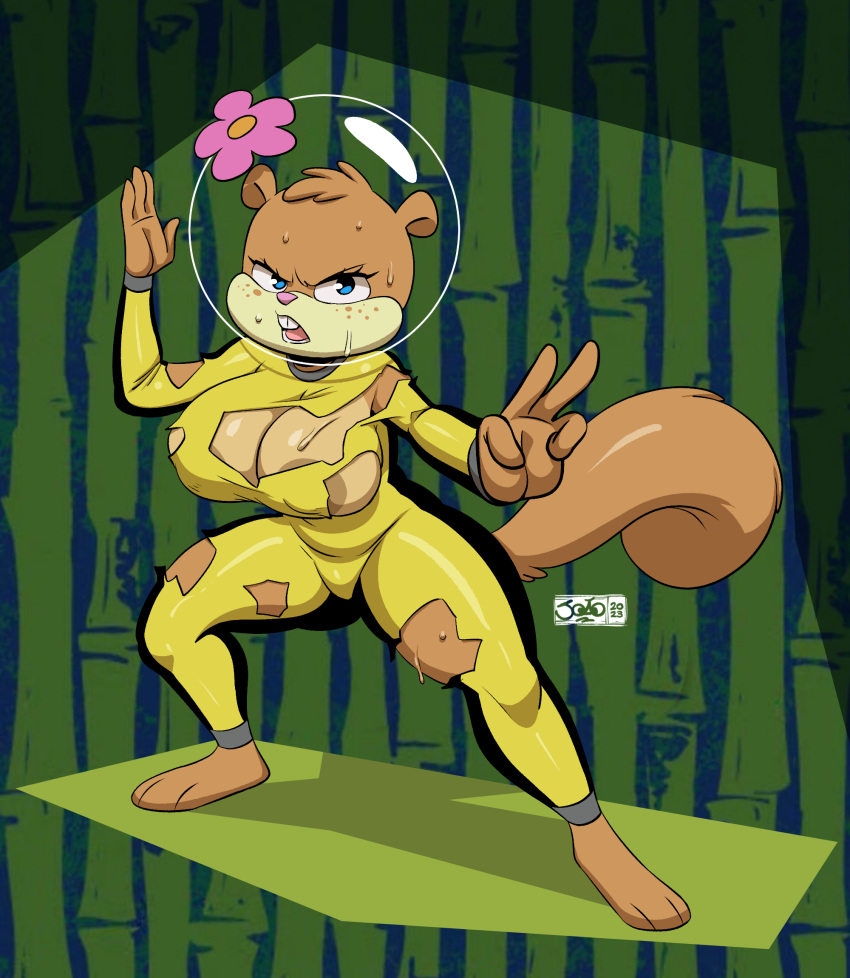 anthro areola big_areola big_nipples brown_nipples cleavage dark_nipples erect_nipples female huge_breasts joaoppereiraus nipple_bulge nipple_slip nipples sandy_cheeks sandy_cheeks_(karate_island) solo spongebob_squarepants squirrel torn_clothes torn_clothing