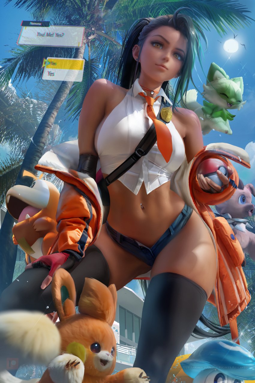 1girls absurdres aged_up black_hair breasts brown_skin female fuecoco game_ui hips holding_object large_breasts long_hair midriff nemona_(pokemon) nintendo pawmi pokeball pokemon pokemon_sv quaxly rockruff sakimichan short_shorts shorts slim_waist sprigatito text_box thick_thighs thighhighs thighs wide_hips