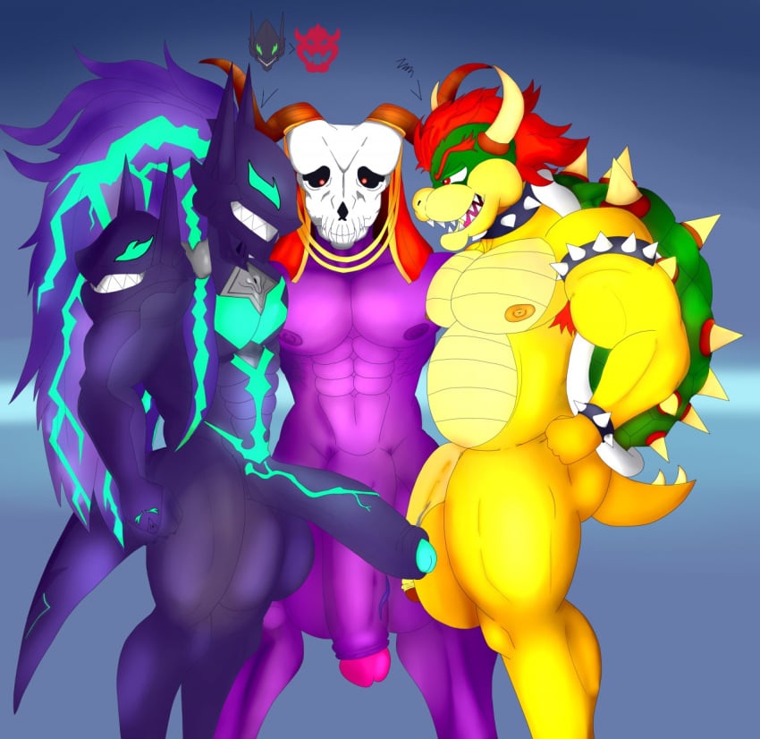 2020 2_horns 3boys american_mythology anthro arc_system_works big_vein blazblue bowser comparing comparing_penis demon elias_ainsworth gay genitals group hi_res horn humanoid hyper hyper_genitalia indigenous_north_american_mythology long_penis male male/male male_only mario_(series) musclegut muscular muscular_anthro muscular_male muscular_thighs mythology nintendo north_american_mythology penis rougetenjoname sharp_teeth susano'o_(blazblue) teeth the_ancient_magus_bride trio wendigo