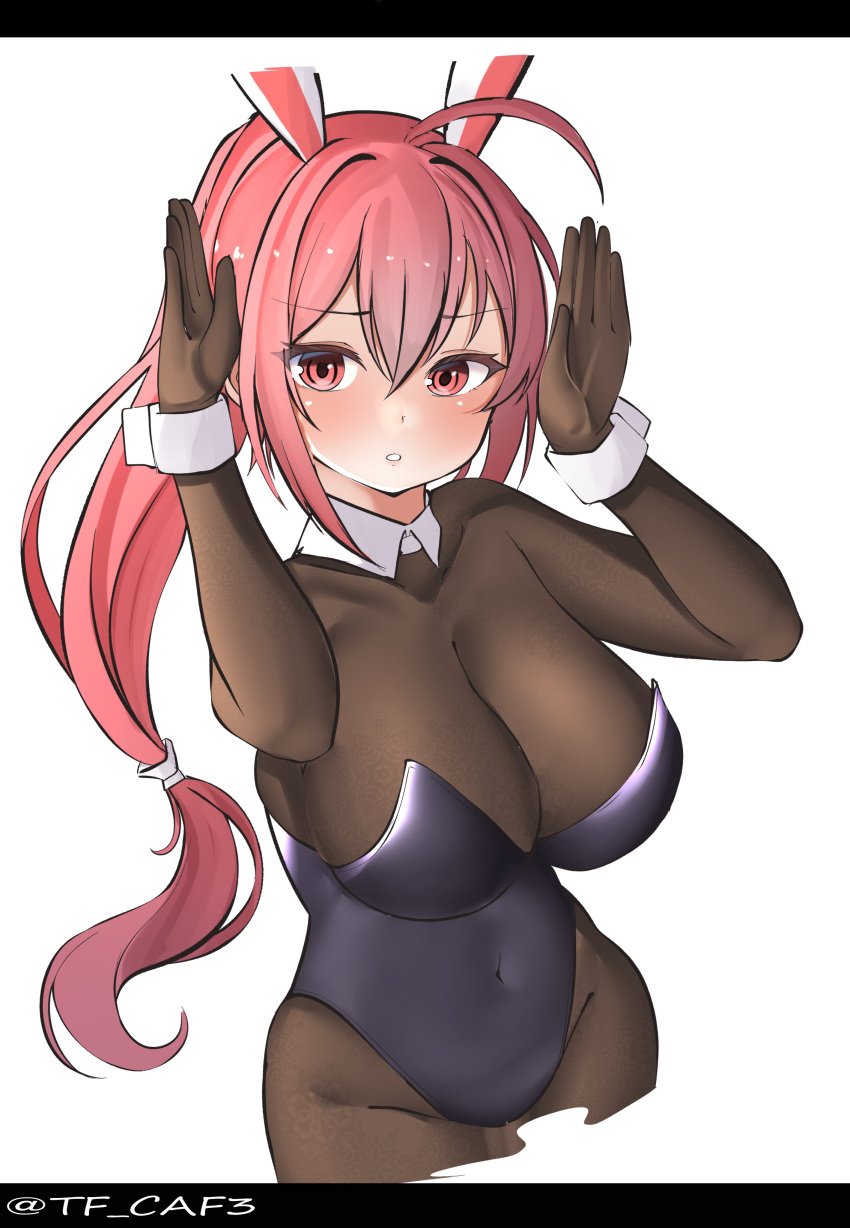 absurdres alternate_costume animal_ears black_leotard bodystocking bodystocking_under_clothes breasts brown_pantyhose bunny_pose cleavage cowboy_shot detached_collar female full_bodystocking hair_ribbon highres i-168_(kantai_collection) kantai_collection large_breasts leotard long_hair looking_at_viewer pantyhose parted_lips pink_hair playboy_bunny ponytail rabbit_ears red_hair ribbon simple_background solo tf_cafe white_background wrist_cuffs