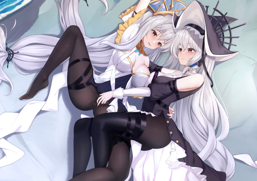 2girls arknights arm_up asymmetrical_docking bare_shoulders black_dress black_headwear black_pantyhose black_thighhighs breast_press breasts cleavage cleavage_cutout closed_mouth clothes_lift clothing_cutout dress dress_lift fingering fingering_through_clothes from_above gold_trim grey_hair grey_headwear highres large_breasts layered_dress long_hair low-tied_long_hair lying multiple_girls no_shoes off-shoulder_dress off_shoulder official_alternate_costume on_back on_ground open_mouth pantyhose pelvic_curtain pussy_juice red_eyes shenqi_(toid310) skadi_(arknights) skadi_the_corrupting_heart_(arknights) skadi_the_corrupting_heart_(sublimation)_(arknights) smile specter_(arknights) specter_the_unchained_(arknights) thighhighs thighhighs_over_pantyhose through_clothes very_long_hair white_dress yuri