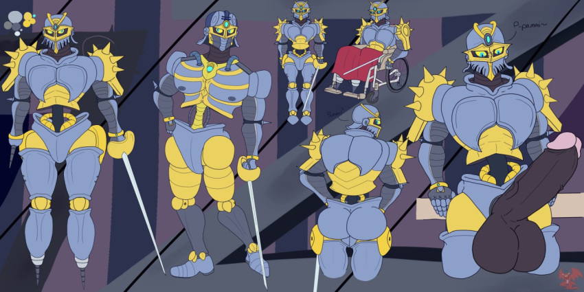 2019 armor ass balls big_balls big_penis digital_media_(artwork) genitals headgear helmet huge_balls huge_cock humanoid hyper hyper_balls hyper_genitalia hyper_penis jojo's_bizarre_adventure machine male male_focus male_only melee_weapon meme model_sheet not_furry penis robot rougetenjoname silver_chariot simple_background solo spikes stand_(jjba) standing stardust_crusaders sword weapon wheelchair white_background yellow_eyes