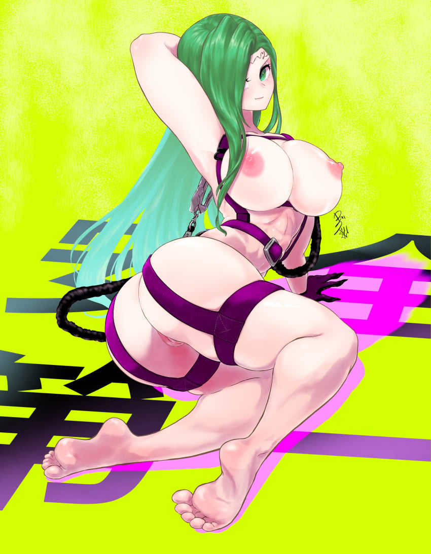 1girls abs annand_(fire_emblem) arm_behind_head ass bare_legs barefoot breasts completely_nude female female_only fire_emblem fire_emblem:_genealogy_of_the_holy_war green_eyes green_hair hair_over_one_eye huge_breasts large_ass legs long_hair looking_at_viewer nintendo nipples nude nude_female pose solo ta_dasu_(tadasu_hayashi) very_long_hair